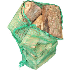 Wood logs in a green net bag